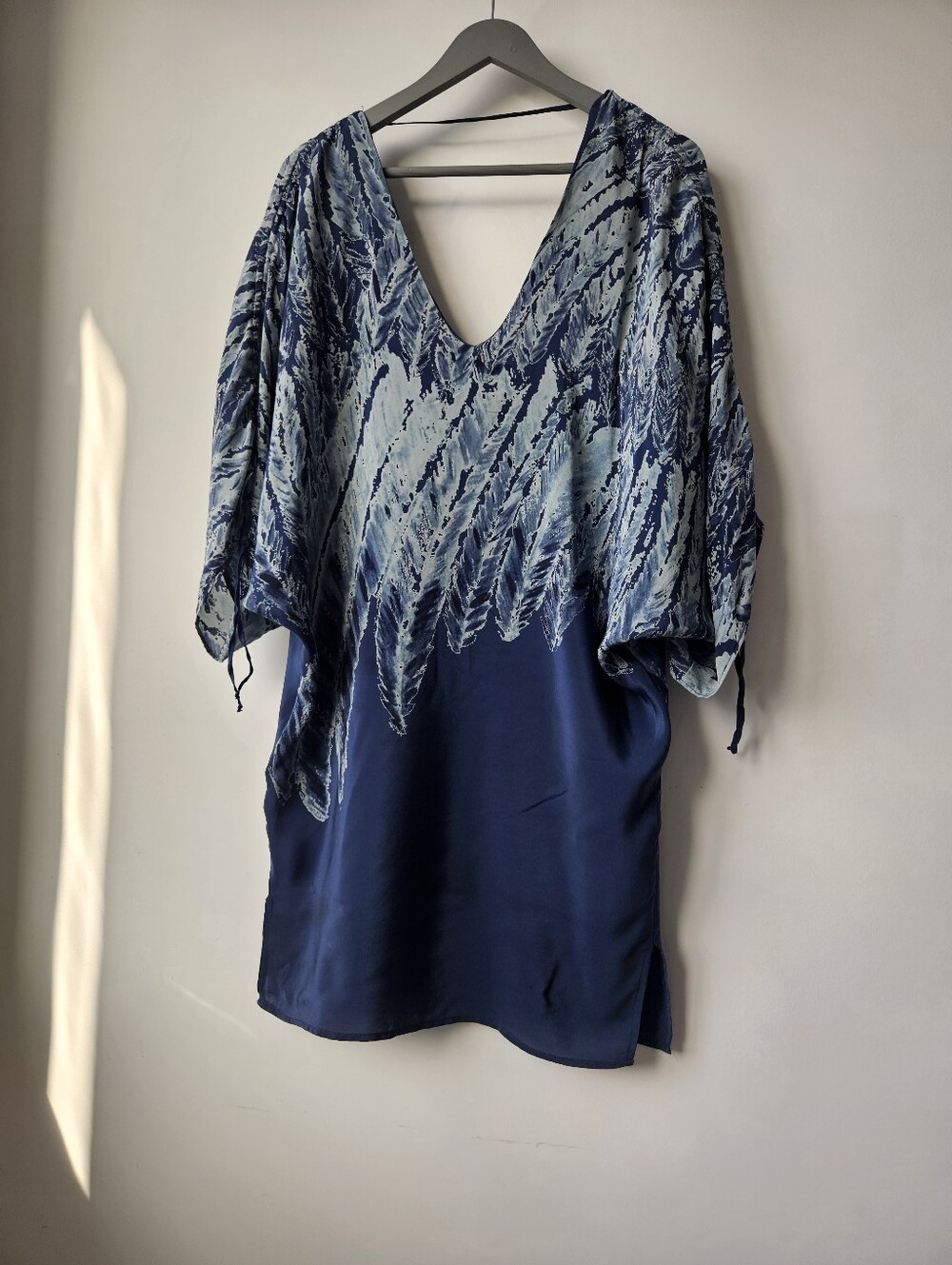 Ramona Larue Silk Blue Colorway Scrunch Shoulder V-Neck Caftan Dress